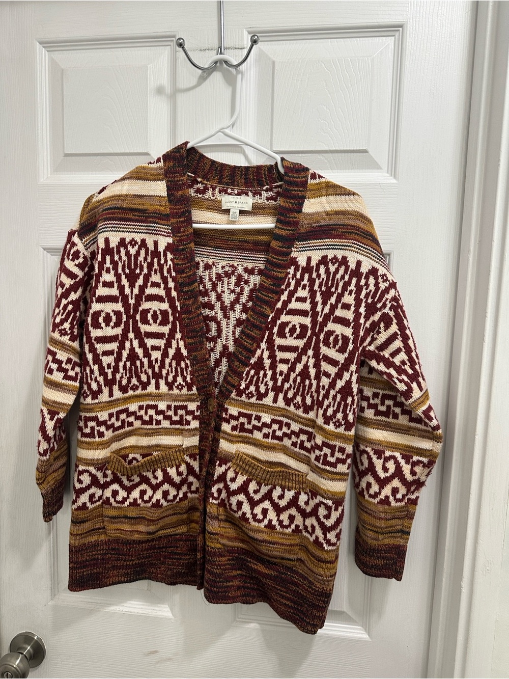 Lucky Brand Jacquard Boyfriend Cardigan Oversized
Sweater Red Multi